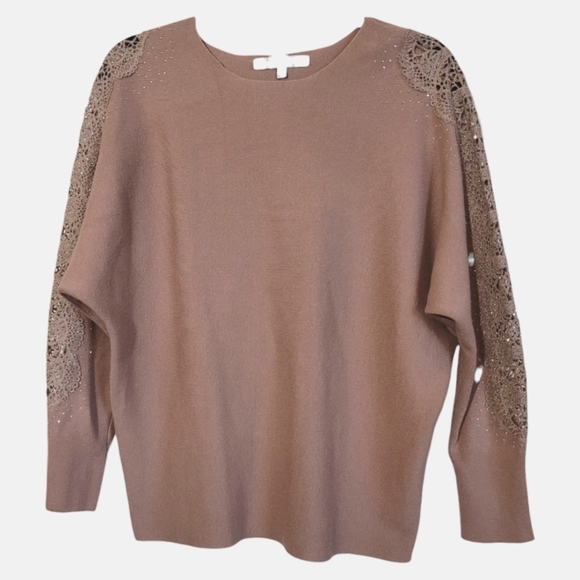 XL Sweet Rain Mauve Pink Rhinestone Knit Top with Lace Detail - Picture 1 of 5